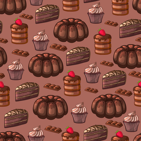 Chocolate pastries. Cakes, cupcakes. Seamless pattern. The cartoon style. Vector illustration.のイラスト素材