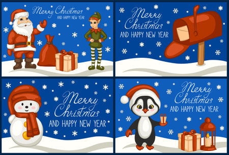Merry Christmas and happy new year. A set of greeting cards. Santa Claus, penguin, snowman, Inbox, elf, gift, snow. The cartoon style.のイラスト素材