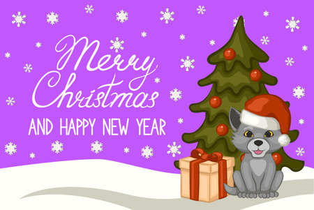 Cute wolf cub in a red Santa Claus hat, gift, Christmas tree. Cartoon-style. Vector illustration. Merry Christmas and happy new year greeting card, poster.のイラスト素材