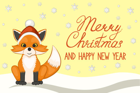 Cute Fox in red Santa Claus hat. Merry Christmas and happy new year greeting card, poster, banner. The cartoon style. Vector illustration.のイラスト素材