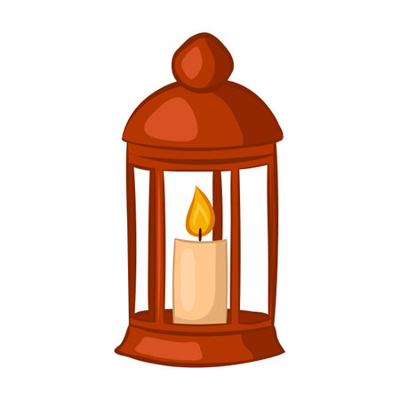 Red Christmas lantern with a candle. Cartoon icon. Isolated object on white background.のイラスト素材