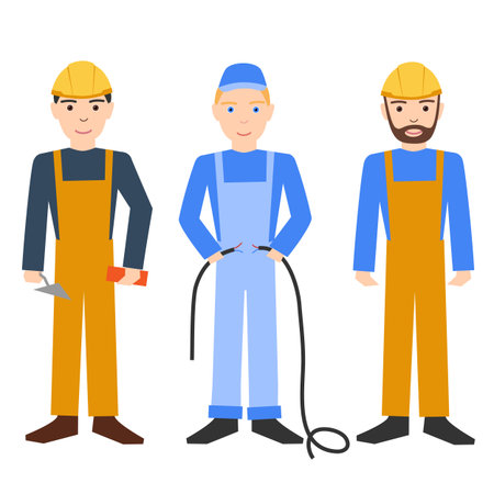 Builder, electrician and handyman. Profession. Workers in hard hats.のイラスト素材