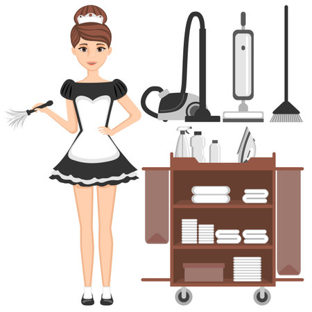 Profession set: hotel maid. Cart. Tools for cleaning. A vacuum cleaner.のイラスト素材