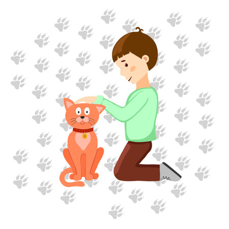 Boy stroking cute little cat, vector illustration.のイラスト素材