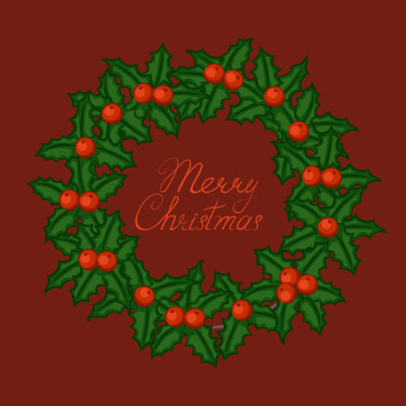 Merry Christmas poster and greeting card. The text and a wreath of mistletoe. Vector illustrationのイラスト素材