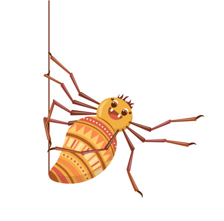 Spider weaves his web. Cute cartoon tarantula. Isolated on a white background. Vector illustration.のイラスト素材