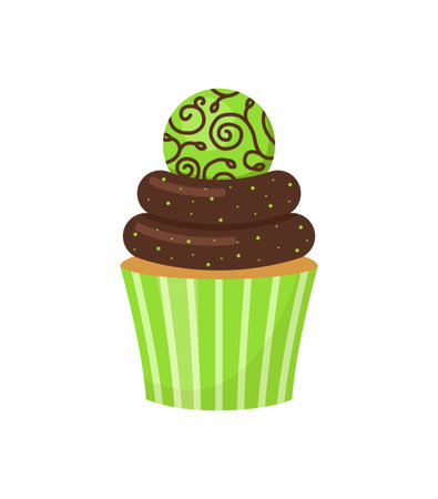 Chocolate cupcake decorated with round green candy. Isolated on white background. Vector illustration.のイラスト素材