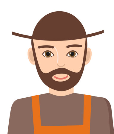 Avatar of a farmer in a hat and overalls. Isolated on a white background. Vector illustration.のイラスト素材