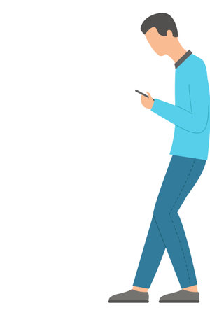 The man is leaning back against the wall, looking at the phone. Isolated on a white background. Flat design. Vector illustration.のイラスト素材