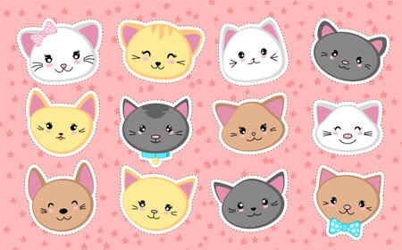 Set of cute cat heads. Collection of kawaii stickers.のイラスト素材