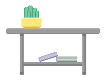 Coffee table, a cactus in a pot and books. Isolated on a white background. Flat design. Vector illustration.のイラスト素材