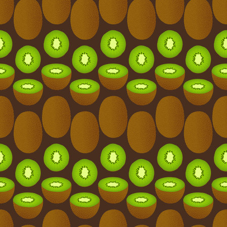 Kiwi on a brown background. Seamless pattern of whole and sliced kiwi fruit.のイラスト素材