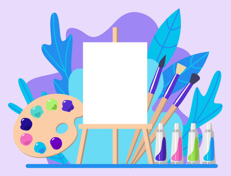 Imagination and inspiration concept. Art education. Drawing lesson. Creative process. Easel, palette, oil paints and brushes. Flat design. Vector illustration.のイラスト素材