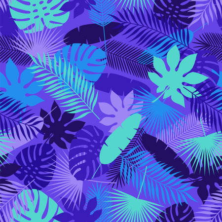 Tropical leaves seamless pattern. Palm leaf, monstera and other jungle plants. Vector illustration.のイラスト素材