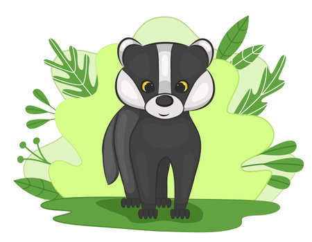 Cute little badger cub in a forest clearing. Green background with foliage and plants. Cartoon style. Vector illustration.のイラスト素材