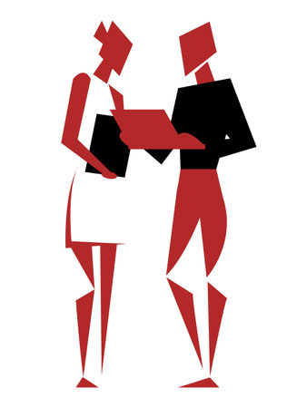 Man and woman stand and discuss business statistics looking at the laptop screen. Flat design with simple shapes. Isolated on white background. Vector illustration.のイラスト素材