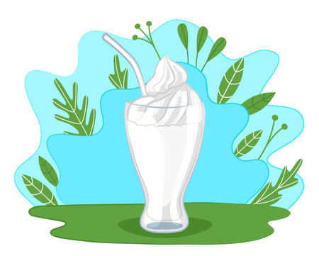 Milkshake with whipped cream. Cocktail in glass with straw on the background of the sky and greenery. Cartoon style. Vector illustration.のイラスト素材