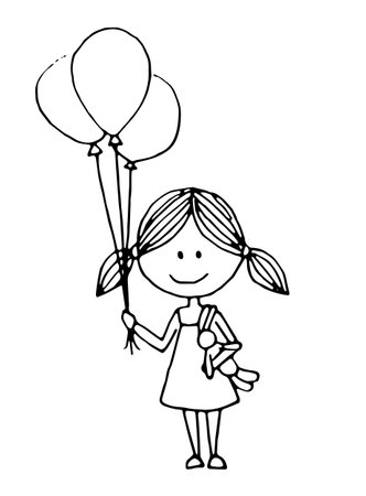 Cute little girl with balloons and toy. Black outline. Hand drawn style. Vector illustration.のイラスト素材