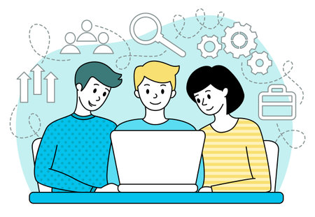 Teamwork concept. People sit at their desks and look at the laptop screen. Site development.のイラスト素材