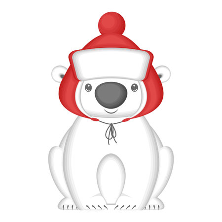 Cute cartoon polar bear in hat with earflaps. Isolated on white background. Cartoon style. Vector illustration.のイラスト素材