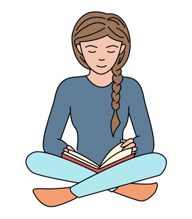 Student girl is sitting on the floor with her legs crossed and reading a book. Isolated on a white background. Black outline. Vector illustration.のイラスト素材