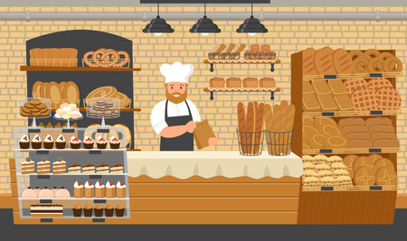 Bakery shop. Showcases with bread, buns and cakes. Baker. Cartoon style.のイラスト素材
