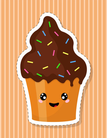Cupcake with a kawaii face. Cake, muffin, covered with chocolate icing. Vector illustration.のイラスト素材