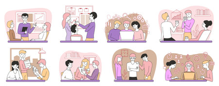Teamwork concepts. Men and women work in the office. Set of scenes. People at desk. Black outline. Vector illustration.のイラスト素材