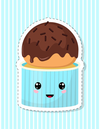 Cute cupcake character. Cake decorated with chocolate icing. The sticker in the style of kawaii. Vector illustration.のイラスト素材