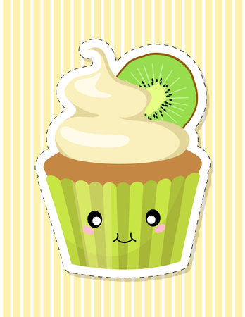 Cute kawaii cupcake character. Cake decorated with whipped cream and kiwi. Vector illustration.のイラスト素材