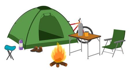 Set of camping equipment. Tent and folding furniture near the campfire. Isolated objects on white background. Vector illustration.のイラスト素材
