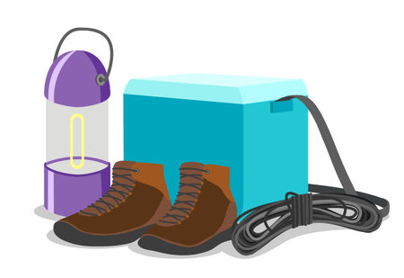 Hiking concept. Boots, flashlight and cooling bag.のイラスト素材