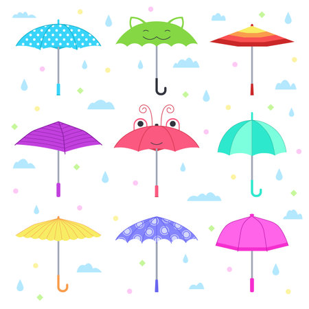 Set of children's umbrellas. Isolated objects on white background. Vector illustration.のイラスト素材