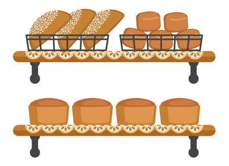 Bread and buns on the shelves. Bakery. Isolated objects on white background. Vector illustration.のイラスト素材