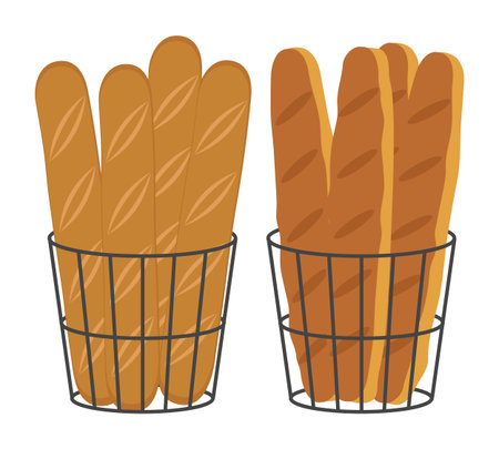 Loaves and baguettes in black metal baskets. Isolated on a white background. Vector illustration.のイラスト素材