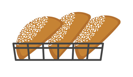 Round bread in black metal basket. Isolated on white background. Vector illustration.のイラスト素材