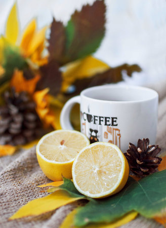 still life cup of tea with lemon, yellow leaves in autumnの写真素材