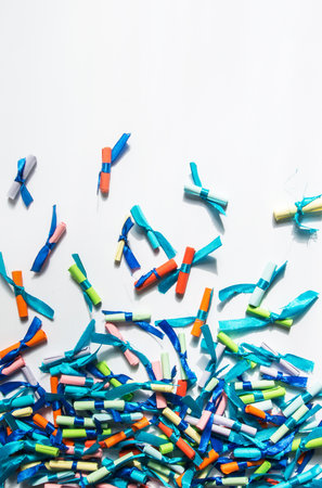 love notes are scattered on a white table. multicolored bundlesの写真素材