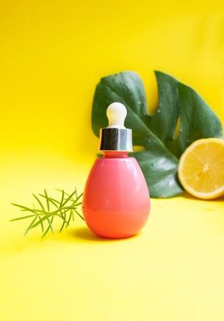 Organic cosmetics concept A bottle of serum with vitamins with half a lemon and a green leaf lies on a light background. Serum with vitamin C in a cosmetic bottle with a pipette. Organic SPA cosmeticsの写真素材