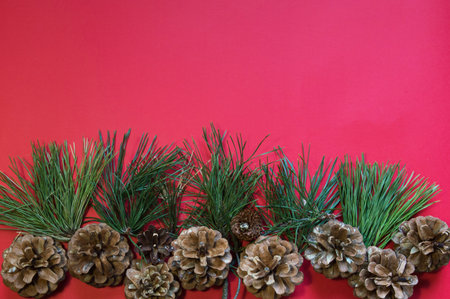 Christmas composition - pine cones and pine branches on a red background. Top view and copy space,...