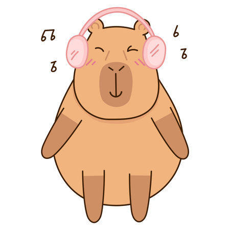 Cute capybara sticker music. Emotions, emoji, fun, wink, smile. Vector illustrationのイラスト素材