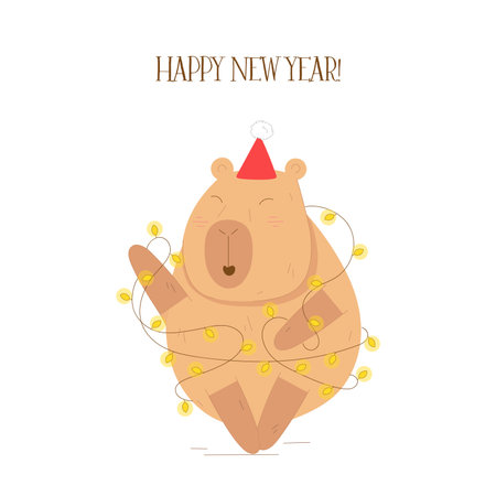 Cute capybara sticker. Emotions, emojis. New Year, Christmas, holidays, celebrates, weekends. Vector illustration. Postcard.のイラスト素材