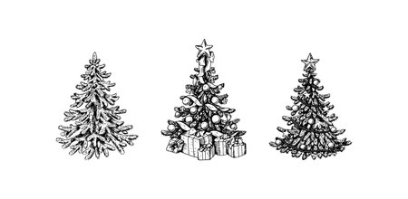 Set of Hand drawn decorated Christmas trees with gift boxes isolated on white background. Design element for Christmas cards, invitations, decorations. Vector illustration in sketch styleのイラスト素材