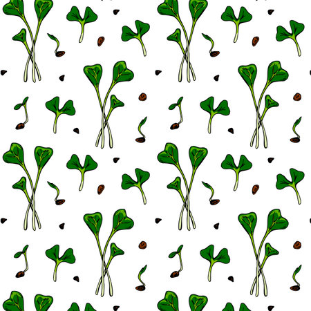 Hand drawn arugula micro greens seamless pattern. Vector illustration in colored sketch style isolated on white backgroundのイラスト素材