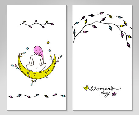 Two sides Womens day greeting card with hand drawn elements. Vector illustraionのイラスト素材