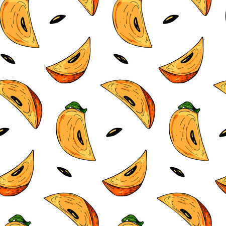 Colorful seamless pattern with hand drawn persimmon slices. Vector illustration in colored sketch style.のイラスト素材