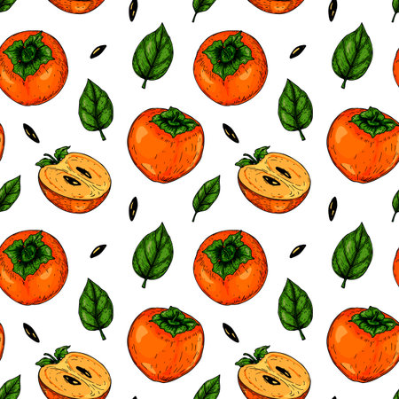 Colorful seamless pattern with hand drawn persimmon fruits and slices. Vector illustration in colored sketch style.のイラスト素材