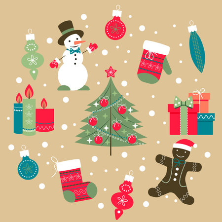 Vector illustration - set of Christmas elements including gingerbread, Christmas tree decorations, snowman, gifts, candles, sock, mittenのイラスト素材