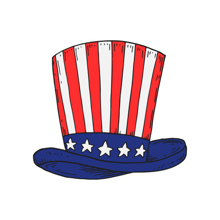 USA hat in national flag colors. 4th of July. Hand drawn vector illustrationのイラスト素材