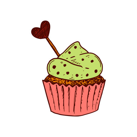 Hand drawn cupcake decorated with hearts. Vector illustration. Valentines day design elementのイラスト素材